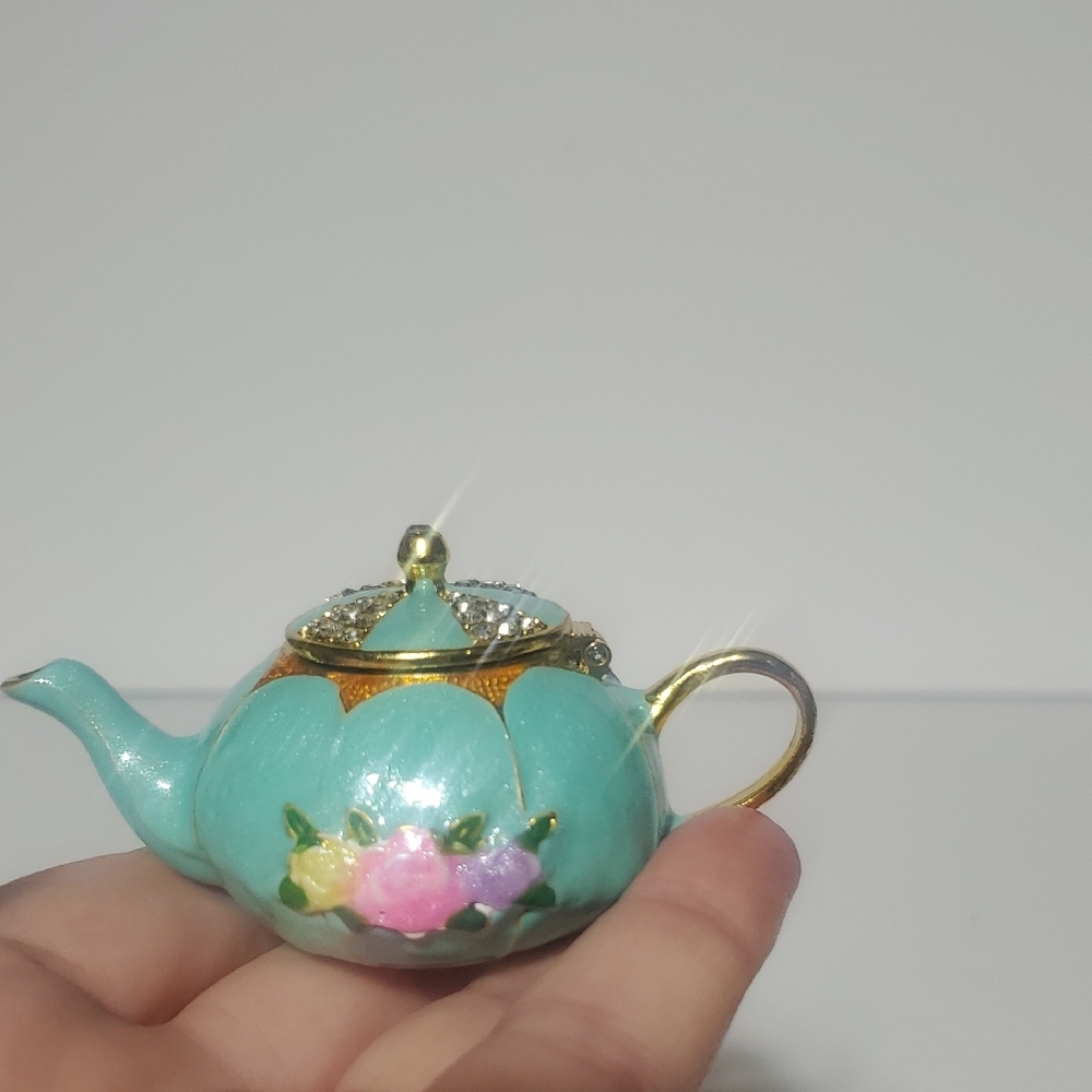 Floral Teal Miniature Teapot Trinket Box - Picture 4 of 12